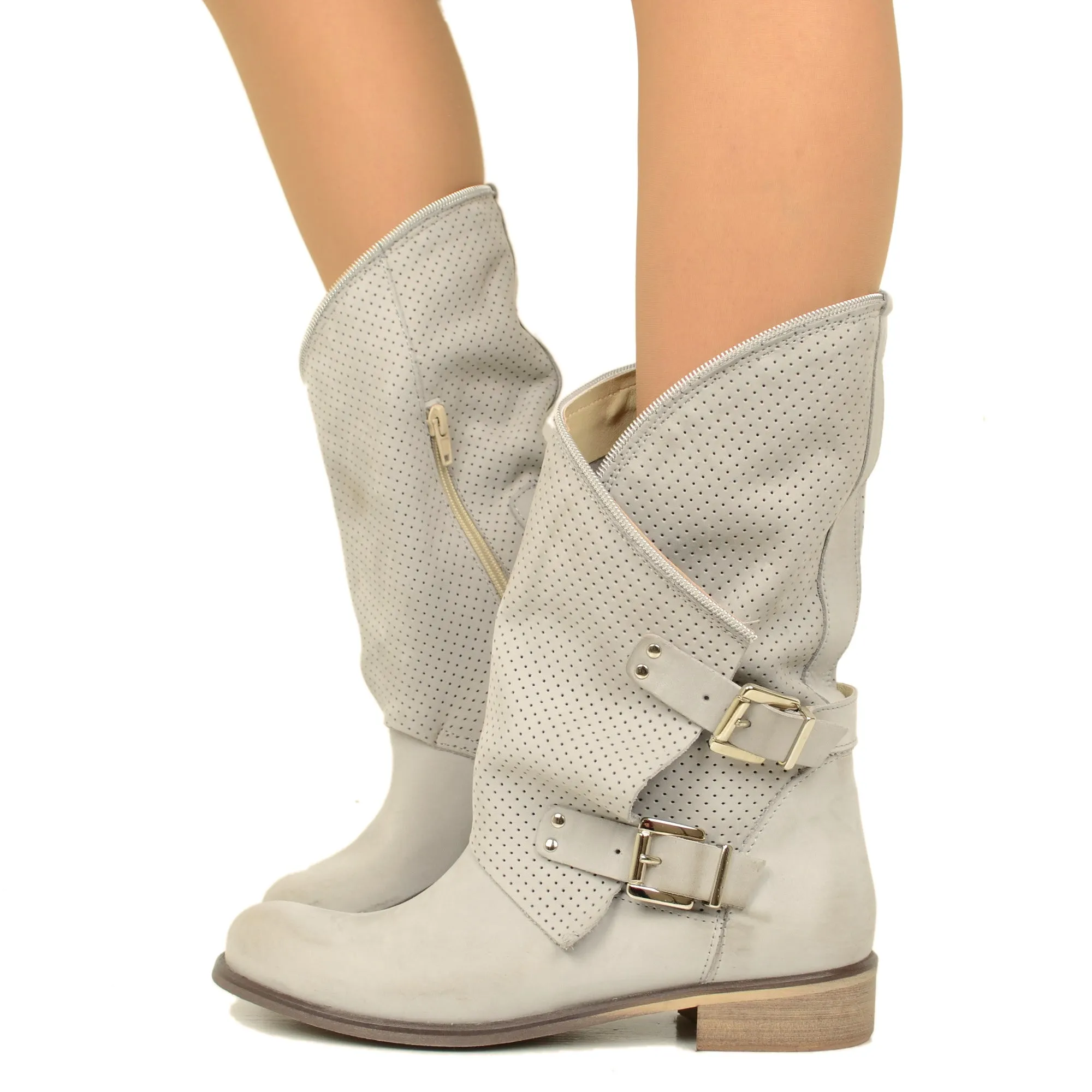 Stivali Donna Grigi Traforati Biker con Fibbie in Pelle Nabuk