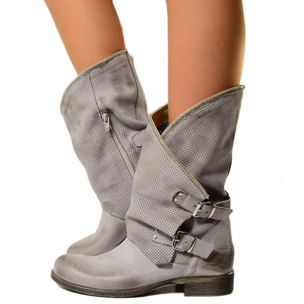Stivali Donna Grigi Traforati Biker con Fibbie in Pelle Nabuk