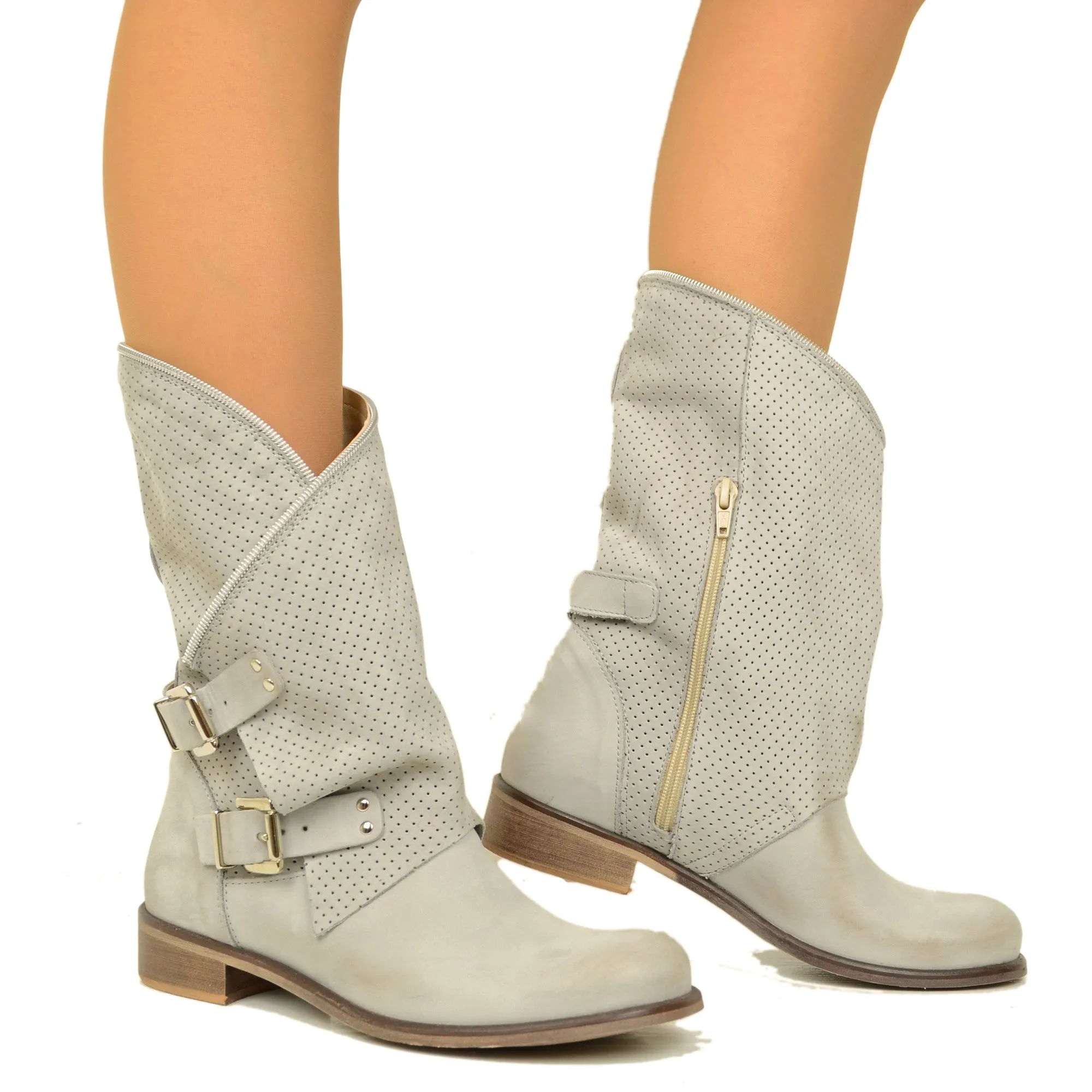 Stivali Donna Grigi Traforati Biker con Fibbie in Pelle Nabuk