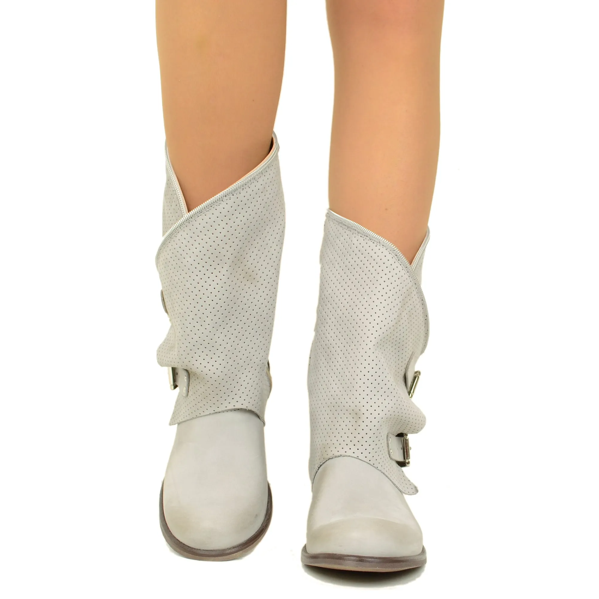 Stivali Donna Grigi Traforati Biker con Fibbie in Pelle Nabuk