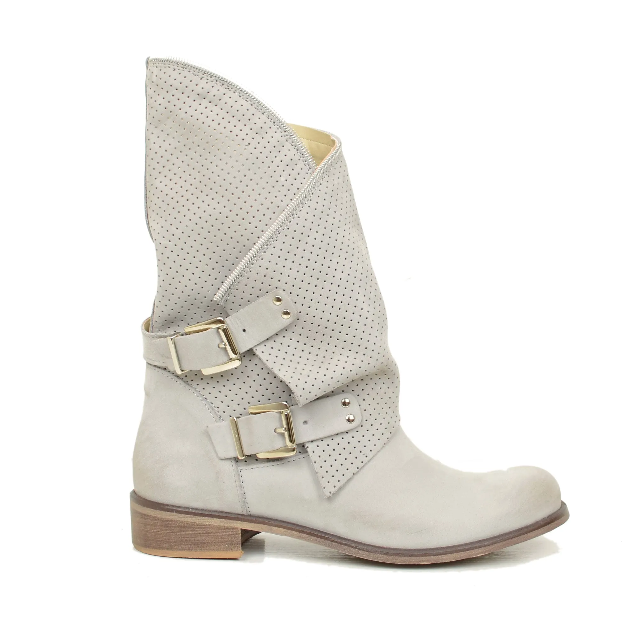 Stivali Donna Grigi Traforati Biker con Fibbie in Pelle Nabuk